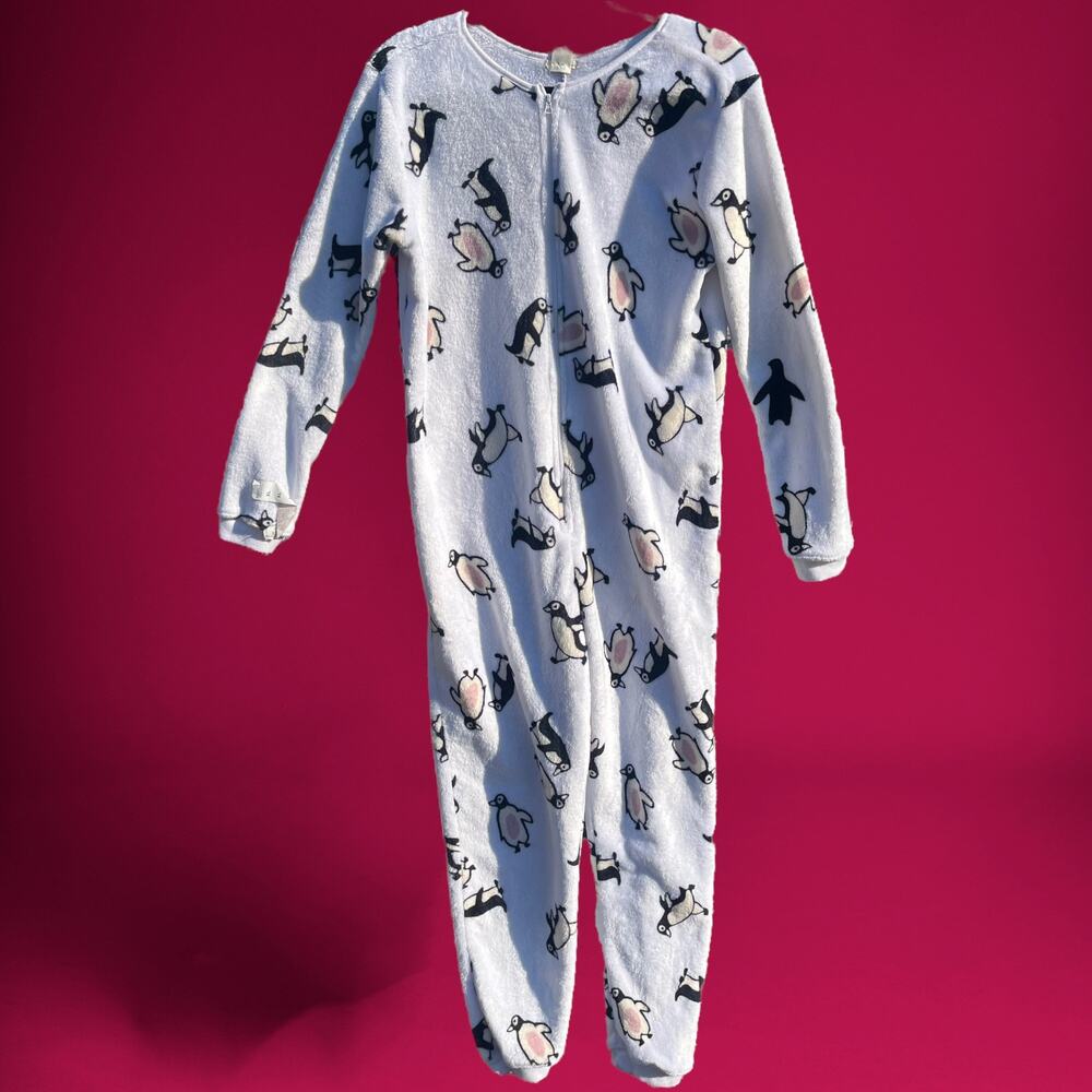 Wet Seal Adult Onesie Pajamas Medium Open Foot Faux Fur Lines Zip Up Penguin